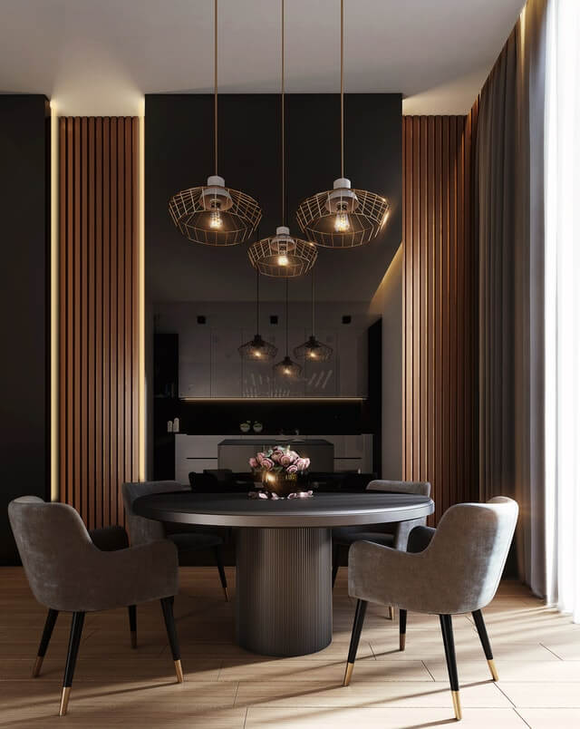 Services gray dining table under pendant lamps